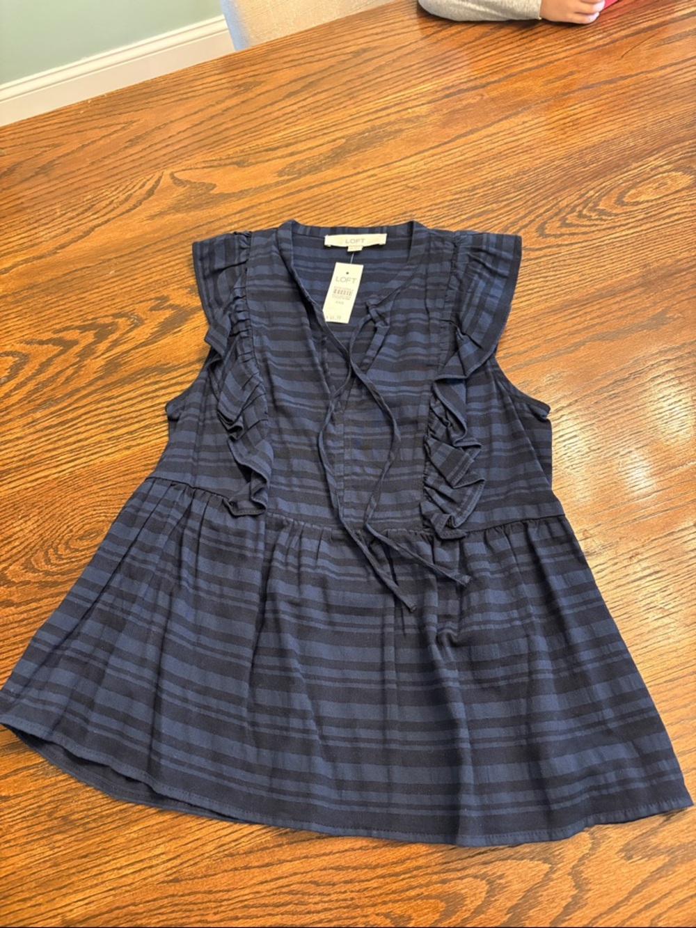 LOFT Navy Striped Ruffle Tie-Front Sleeveless Blouse XXS